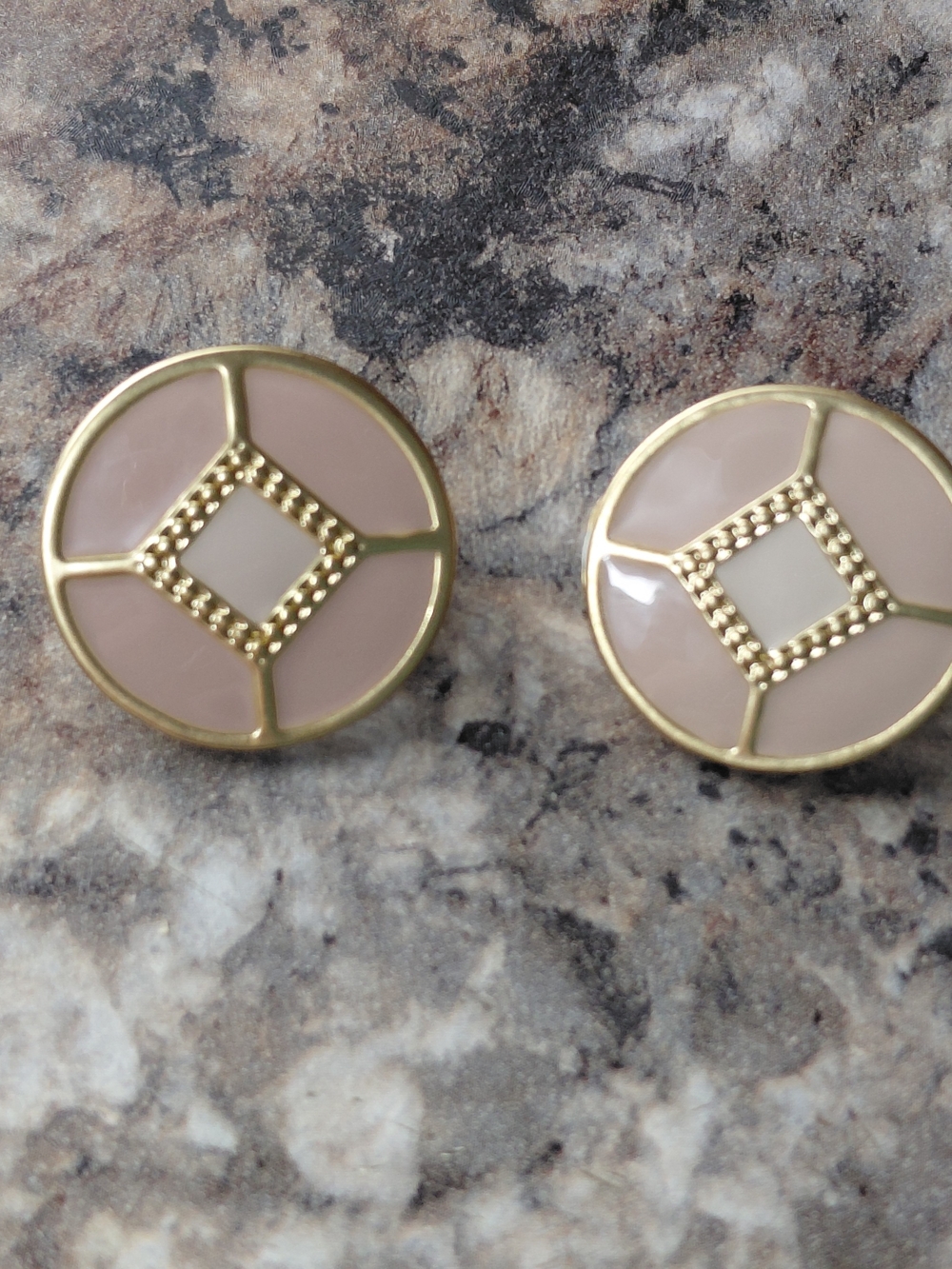 Vintage Chico's No Droop Enamel Clip On Pale Pink, Cream, and Gold Tone Earrings